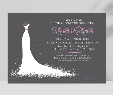 bridal shower invitation with gray background, white wedding dress silhouette, pink accents