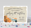 rustic fall birthday invitation with tan background, blue wheelbarrow, pumpkins and haybales, for one child