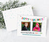 holiday christmas photo card with white background, colorful text in banner style, and hand drawn frames around two photos.