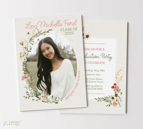 girls graduation invitation with a single oval photo framed with wildflowers and a grad party invite on the back 