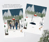 vertical christmas or holiday card with a single photo and winter woodland themed graphics with a blue sky