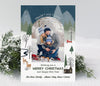 vertical christmas or holiday card with a single arched photos and winter woodland themed graphics with a blue sky