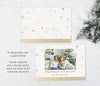 white and gold christmas photo card in a landscape orientation with a photo and gold text and stars, back side