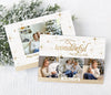 white and gold christmas photo card in a landscape orientation with 3 photos and gold text and stars