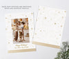 white and gold christmas photo card in a portrait orientation with a single photo and gold text and stars