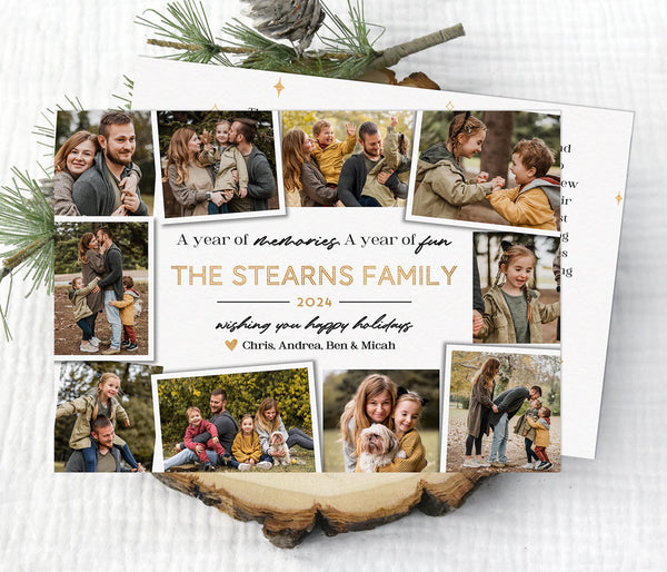 collage style holiday card in landscape format with ten photos around border of card and "year of memories year of fun" wording with family names in center