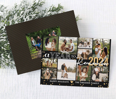 year to remember christmas or holiday photo card in a collage style with 10 photos, a black background gold accents and white text