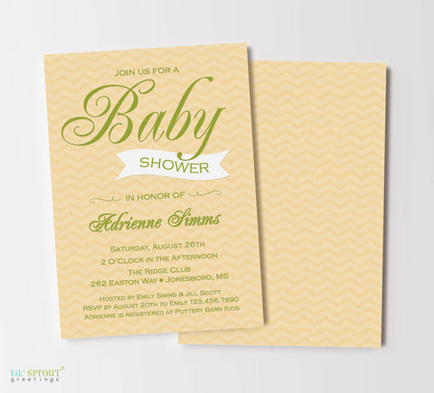 gender neutral baby shower invitation with yellow chevron background, lime green text, double sided