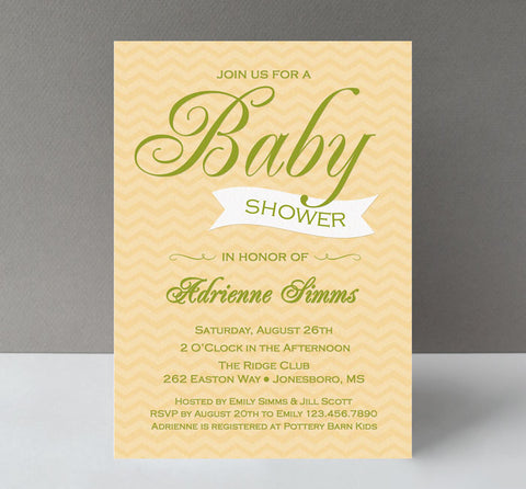 gender neutral baby shower invitation with yellow chevron background, lime green text