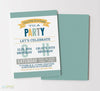 gender neutral joint birthday party invitation with colorful green, yellow, blue text