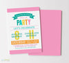 girls joint birthday party invitation with colorful pink, teal, yellow and orange text