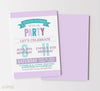 girls joint birthday party invitation with colorful purple and teal text