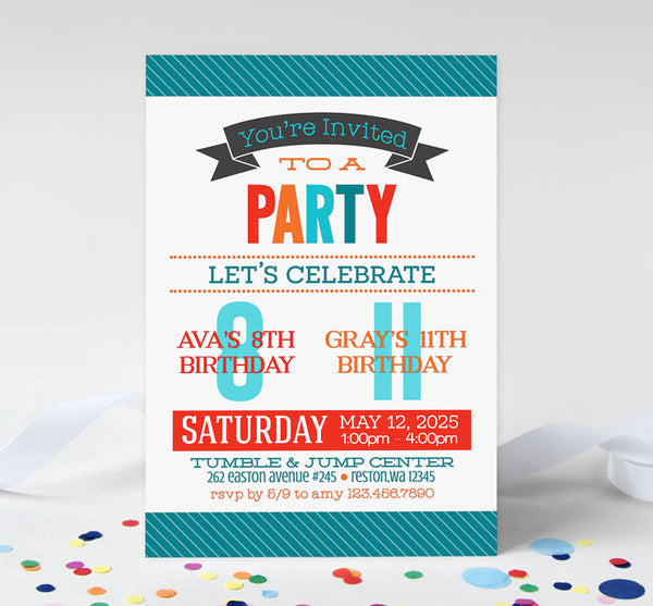 gender neutral joint birthday party invitation with colorful red, orange, blue and teal text