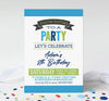 you're invited printable boy birthday invitation with blue striped background, colorful blue and green text