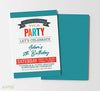 you're invited printable boy birthday invitation with teal striped background, colorful blue, red and orange text